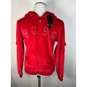 NWT BCBGMAXAZRIA Red Velour Rhinestone Logo Zip Up Hoodie Womens Small NWT Y2K